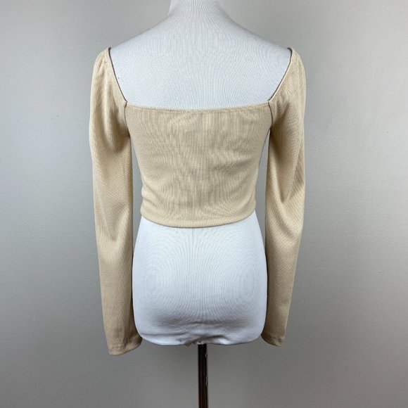 Princess Polly Crop Top 6 Beige Ribbed Knit Sweetheart Ruched Long Sleeve - Picture 5 of 10
